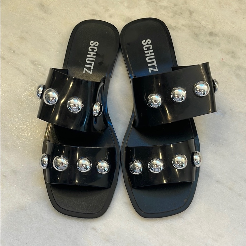 Schutz Black Slide Sandals with Silver Accents